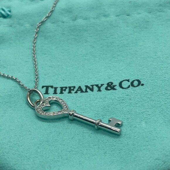Tiffany & Co Diamond 18K White Gold Heart Key Pendant 18" Chain Necklace in Box - Picture 8 of 16